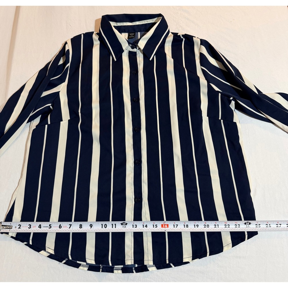 Emery‎ Rose Womens 1XL Navy Blue White Striped Button Down Long Sleeve Blouse - Picture 5 of 6